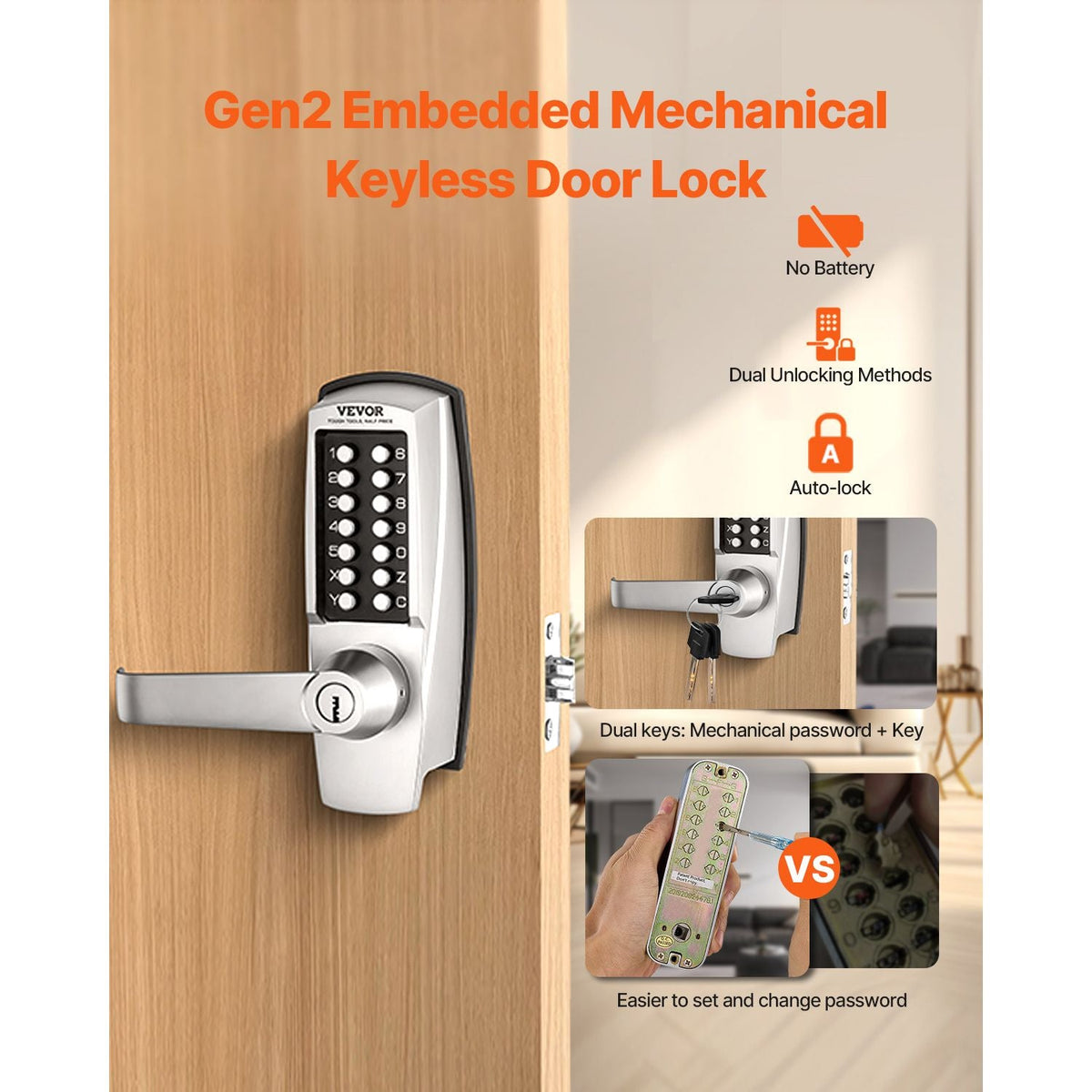 Mechanical Keyless Entry Door Lock, 14 Key Mechanical Door Lock with Keys, Mechanical Keypad Door Lock with Handle, Stainless Steel Waterproof Keyless Gate Lock, for Home Office Outdoor Garage