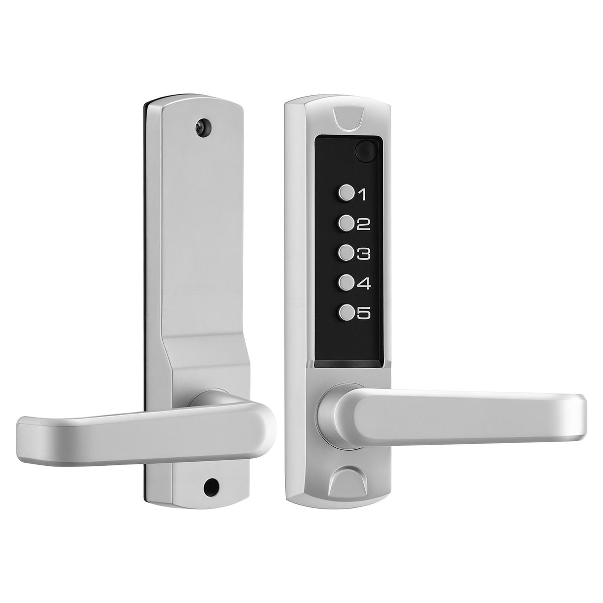 Mechanical Keyless Entry Door Lock, 2.0 Code Upgrade, 5 Digits Code, Single-Sided Push Button Combination Keypad Door Lock with Handle, Auto Locking, for Garden Gates, Indoor or Outdoor, Silver