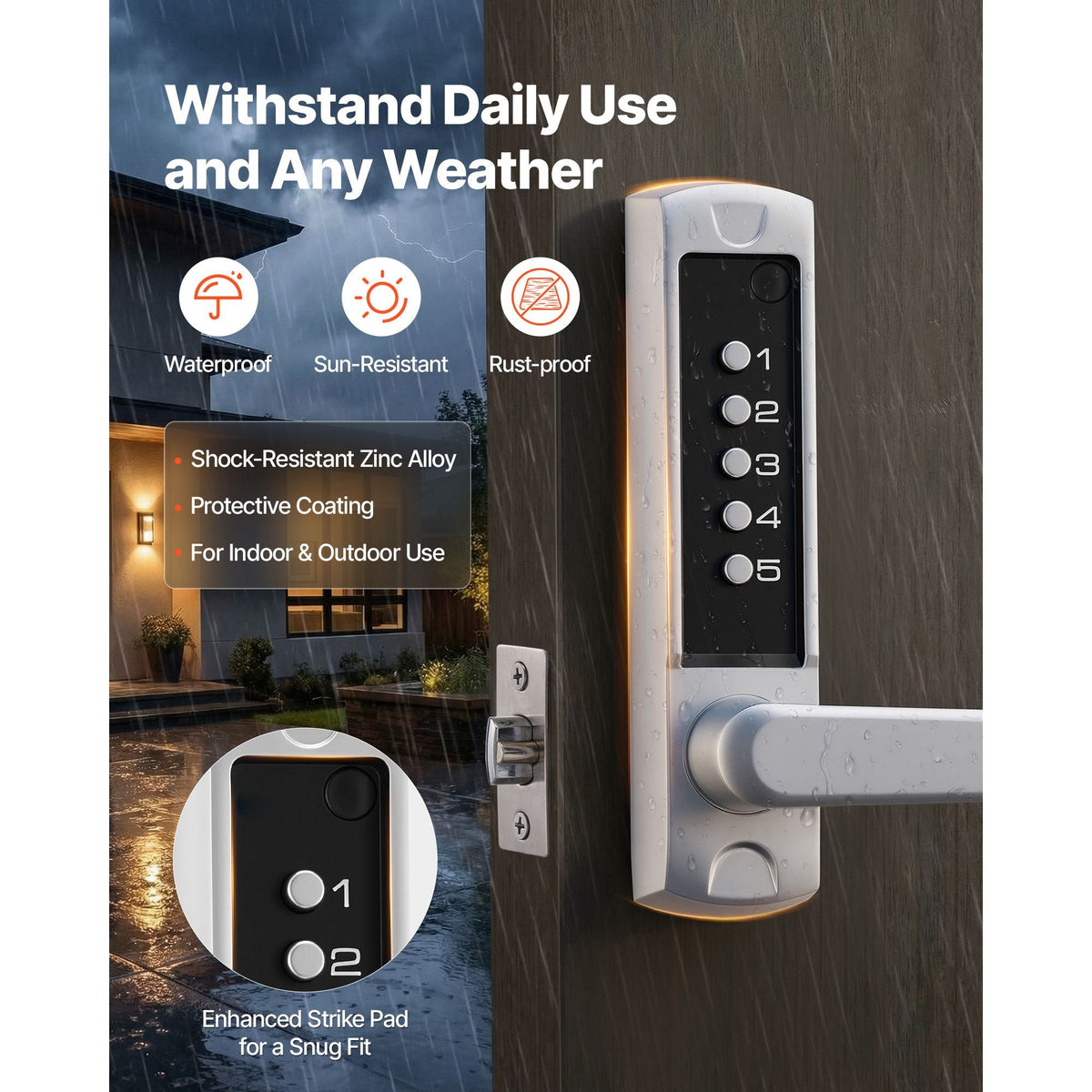 Mechanical Keyless Entry Door Lock, 2.0 Code Upgrade, 5 Digits Code, Single-Sided Push Button Combination Keypad Door Lock with Handle, Auto Locking, for Garden Gates, Indoor or Outdoor, Silver