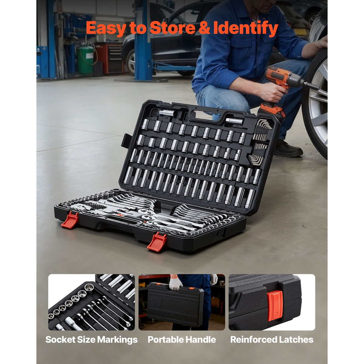 Mechanics Tool Set, 159-Piece Mechanic Tool Kit, 1/4 in, 3/8 in, and 1/2 in Drive, SAE and Metric Socket Set, Wrenches, Screwdriver Bits, Accessories, and Storage Case, for Automotive Repair