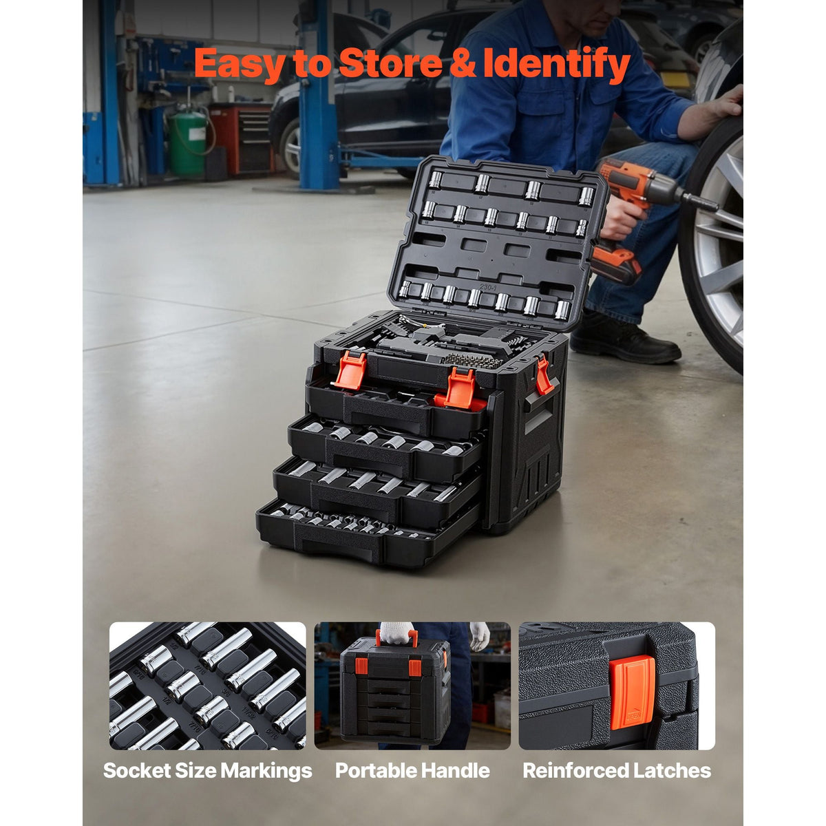 Mechanics Tool Set, 230-Piece Mechanic Tool Kit, 1/4 in, 3/8 in, and 1/2 in Drive, SAE and Metric Socket Set, Wrenches, Screwdriver Bits, Accessories, and Storage Case, for Automotive Repair