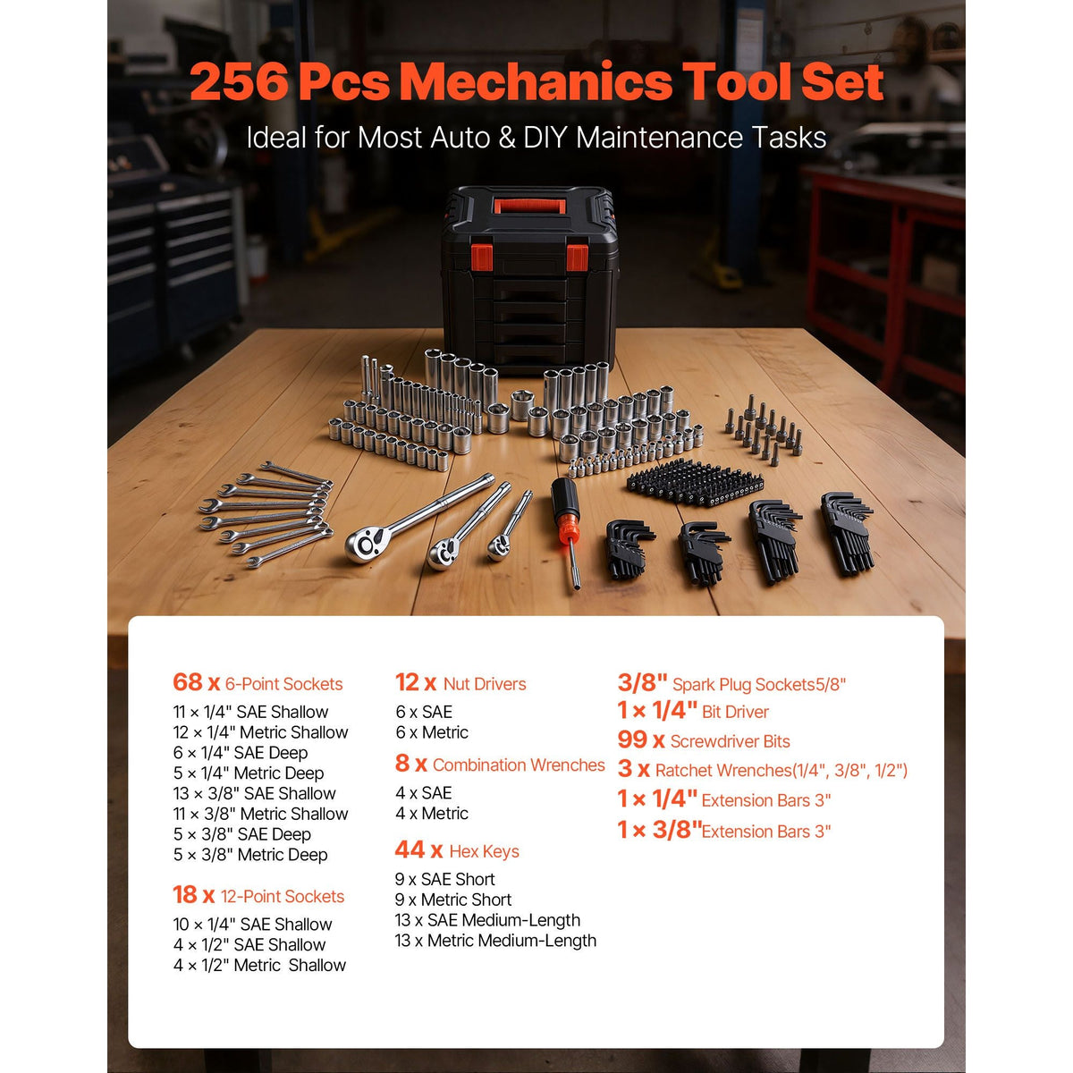 Mechanics Tool Set, 256-Piece Mechanic Tool Kit, 1/4 in, 3/8 in, and 1/2 in Drive, SAE and Metric Socket Set, Wrenches, Screwdriver Bits, Accessories, and Storage Case, for Automotive Repair