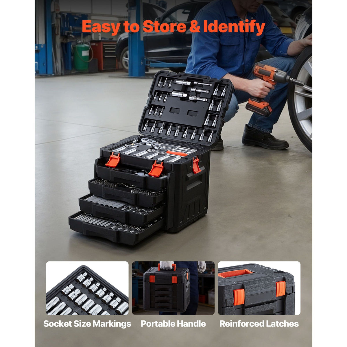 Mechanics Tool Set, 297-Piece Mechanic Tool Kit, 1/4 in, 3/8 in, and 1/2 in Drive, SAE and Metric Socket Set, Wrenches, Screwdriver Bits, Accessories, and Storage Case, for Automotive Repair