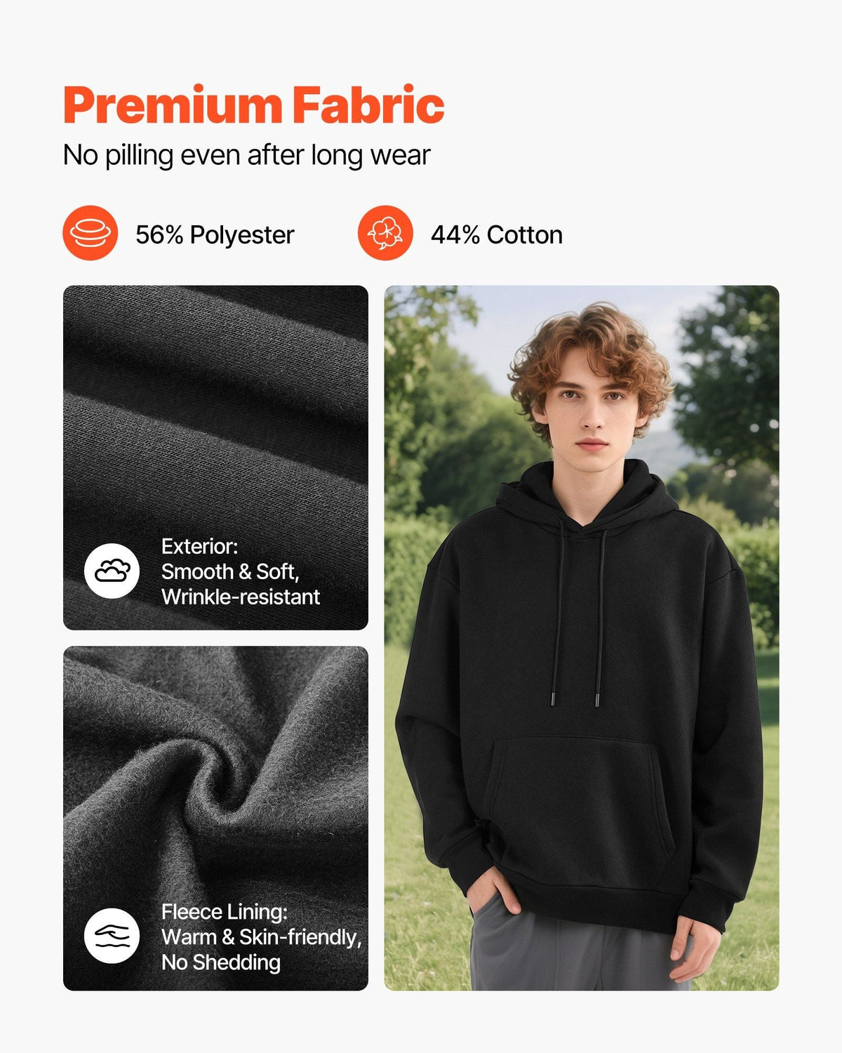 Men Pullover Hoodie, 3X-Large Size, Fleece Long Sleeve Comfy Casual Basic Pullover Hooded Sweatshirt, Warm & Skin-friendly, Practical & Trendy, Black Hoodie with Large Pocket for Fall & Winter