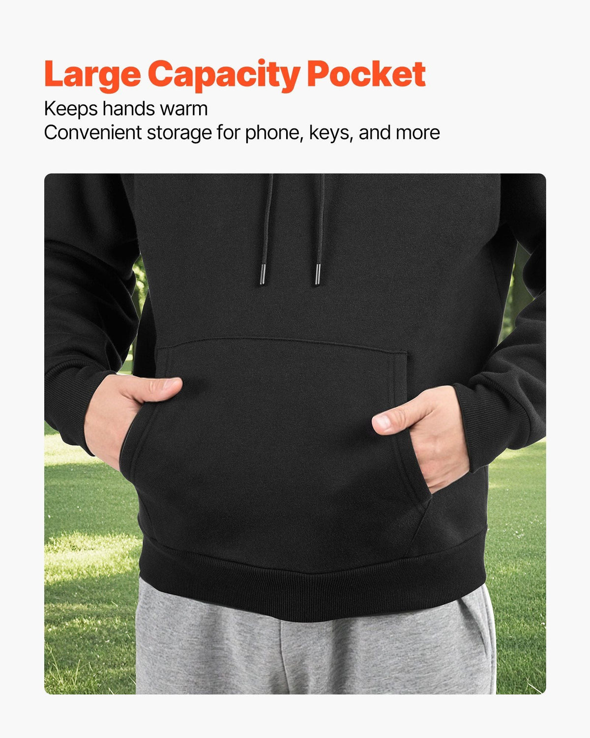 Men Pullover Hoodie, Medium Size, Fleece Long Sleeve Comfy Casual Basic Pullover Hooded Sweatshirt, Warm & Skin-friendly, Practical & Trendy, Black Hoodie with Large Pocket for Fall & Winter