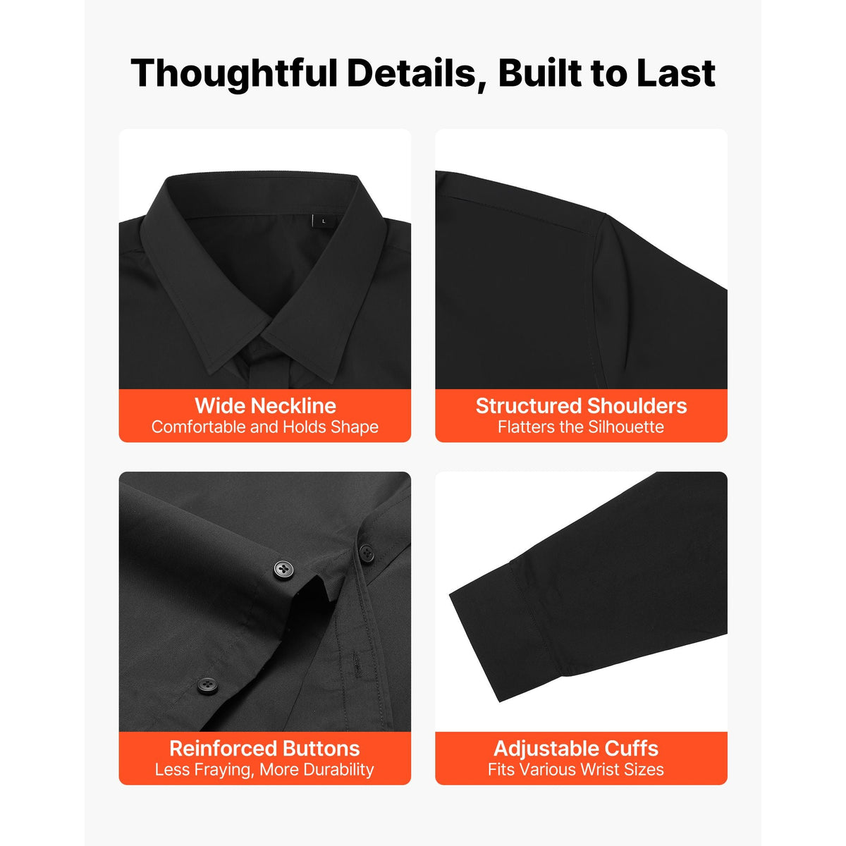 Men's Button Up Shirt, Mens Long Sleeve Wrinkle-free Button Down Dress Shirts, Slim Fit Soft Stretch Fabric for Business Casual or Formal, Work, Wedding, Dinner, Black, L Size