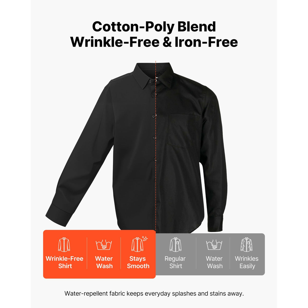 Men's Button Up Shirt, Mens Long Sleeve Wrinkle-free Button Down Dress Shirts, Slim Fit Soft Stretch Fabric for Business Casual or Formal, Work, Wedding, Dinner, Black, M Size