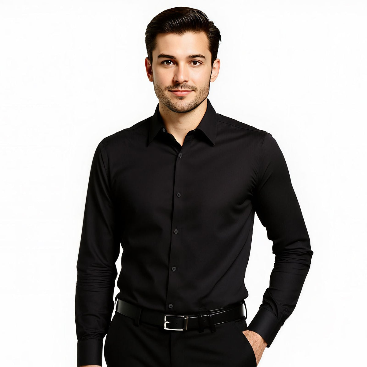 Men's Button Up Shirt, Mens Long Sleeve Wrinkle-free Button Down Dress Shirts, Slim Fit Soft Stretch Fabric for Business Casual or Formal, Work, Wedding, Dinner, Black, M Size