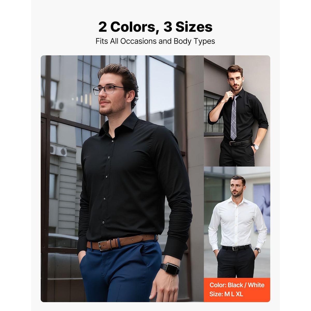 Men's Button Up Shirt, Mens Long Sleeve Wrinkle-free Button Down Dress Shirts, Slim Fit Soft Stretch Fabric for Business Casual or Formal, Work, Wedding, Dinner, Black, XL Size