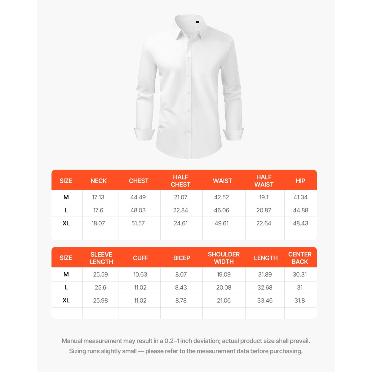 Men's Button Up Shirt, Mens Long Sleeve Wrinkle-free Button Down Dress Shirts, Slim Fit Soft Stretch Fabric for Business Casual or Formal, Work, Wedding, Dinner, White, L Size