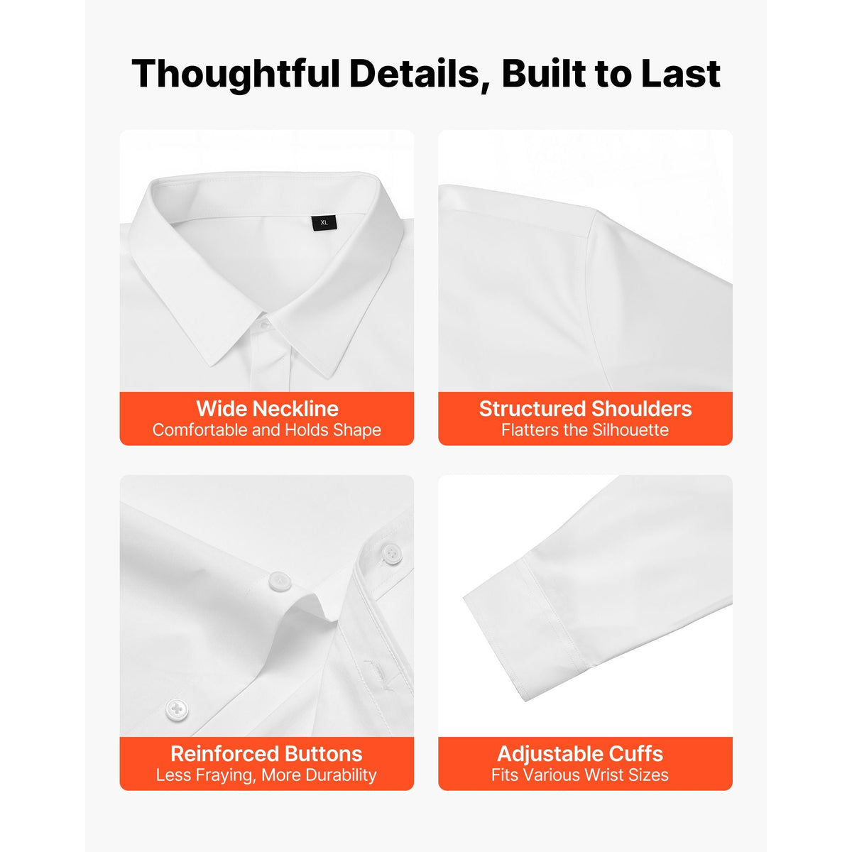 Men's Button Up Shirt, Mens Long Sleeve Wrinkle-free Button Down Dress Shirts, Slim Fit Soft Stretch Fabric for Business Casual or Formal, Work, Wedding, Dinner, White, XL Size