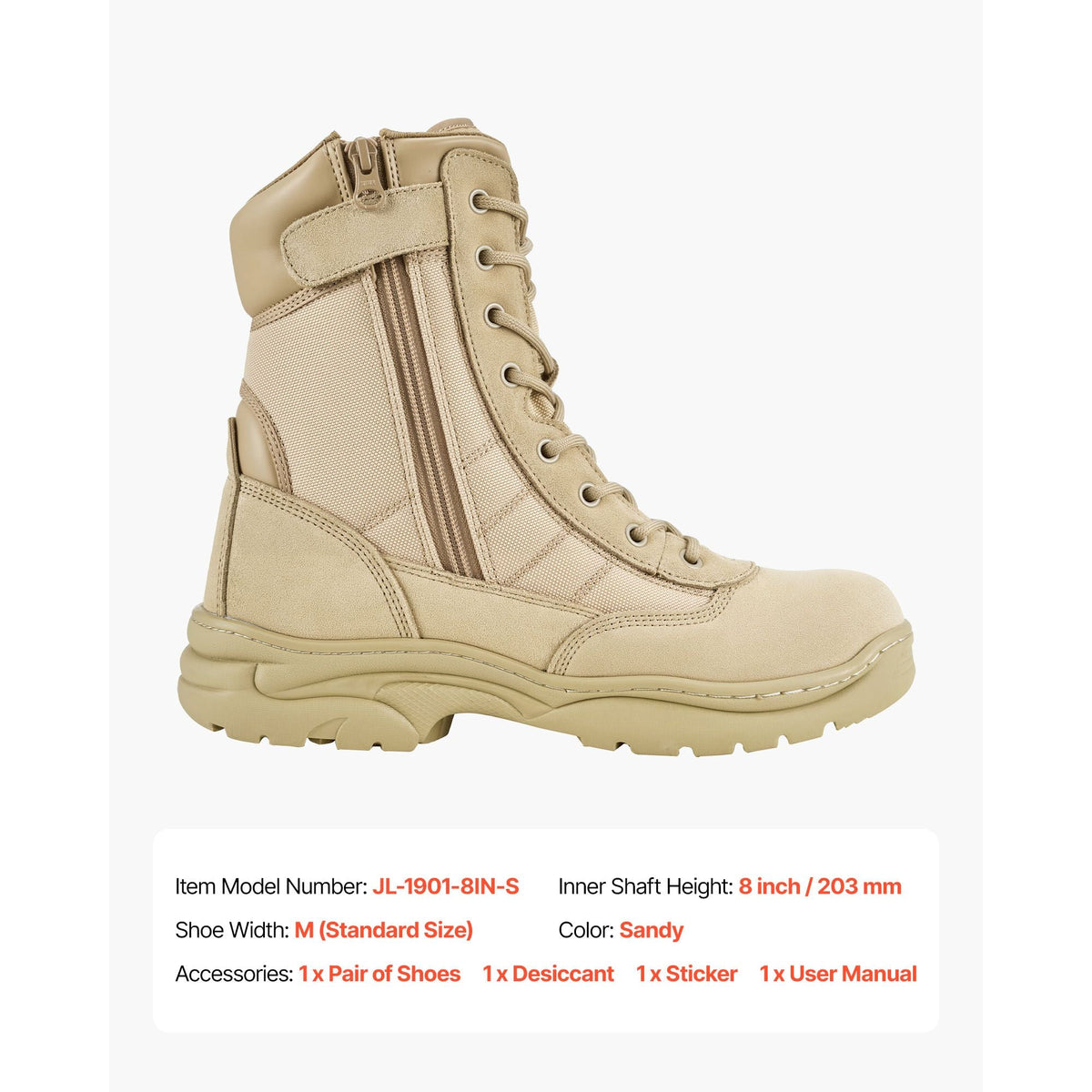 Men's Military Tactical Boots, 8 inch Combat Hiking Work Boots, Lightweight & Breathable Side Zipper Motorcycle Interceptor Trooper Boot, for Outdoor Security, US Size 12 Sand-colored