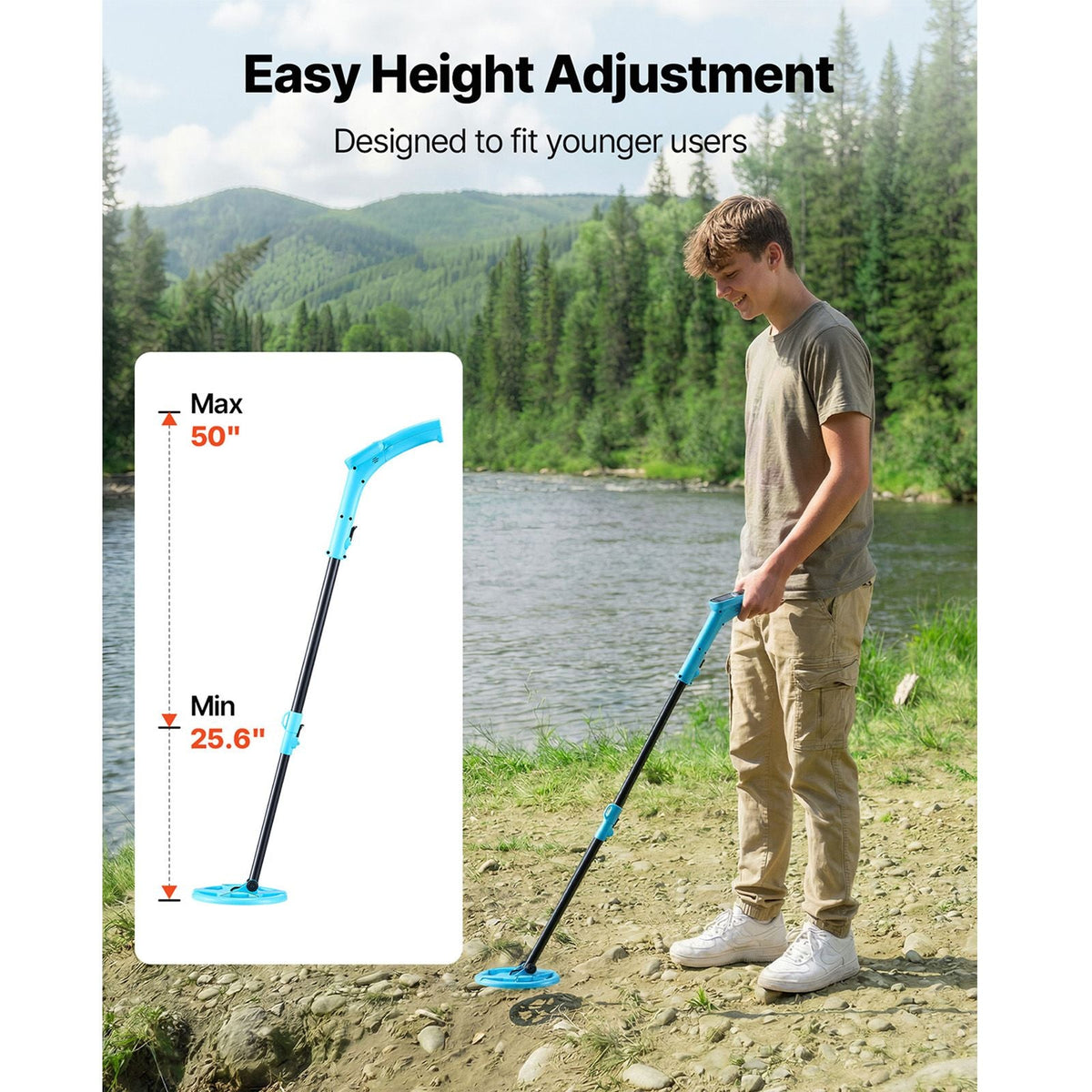 Metal Detector, 4", Lightweight Metal Detector with LCD Display, 6" IP68 Waterproof Search Coil, Adjustable 25.6"-36.6" High Accuracy Gold Detector, Easy to Use, for Detecting Gold Exploration