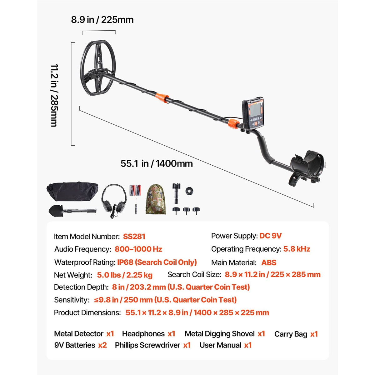 Metal Detector for Adults, 10", Professional High Accuracy Gold Detector, IP68 Waterproof Search Coil with Display, Headphones, 5 Modes, Adjustable Length, for Detecting Gold Treasure Hunting