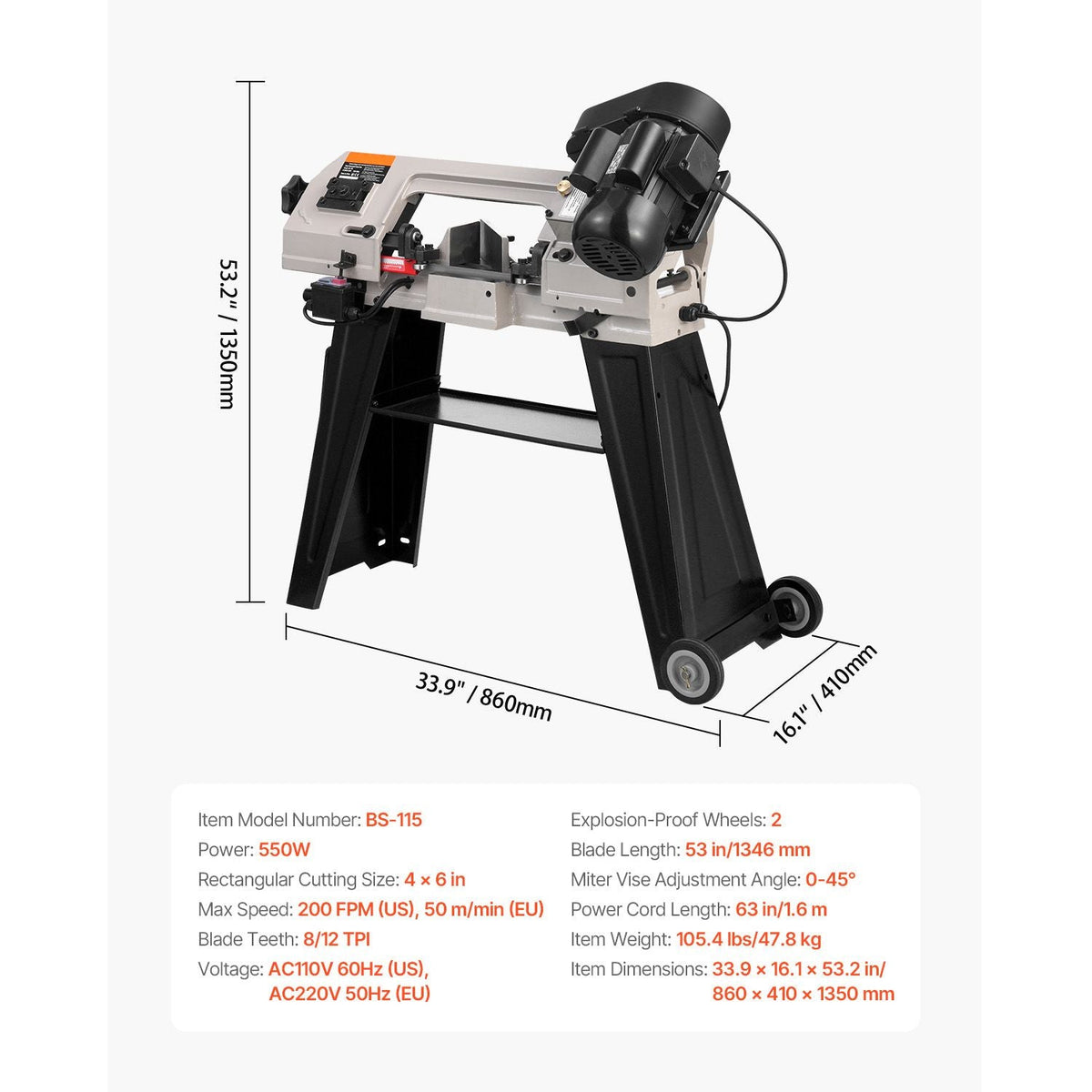 Metal Horizontal Band Saw, 4 in x 6 in Rectangular Cutting Capacity, 110V Metal Vertical Cutting Bandsaw with 550W Motor, 0-45° Angle Adjustment, Variable Speed, for Metal, Wood, and Plastic