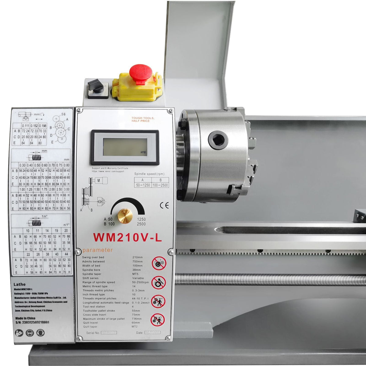 Metal Lathe Machine, 211 mm x 750 mm, Precision Benchtop Power Metal Lathe, 0-2500 RPM Continuously Variable Speed, 750W Brushless Motor Metal Gears, with Tool Box for Processing Precision Parts