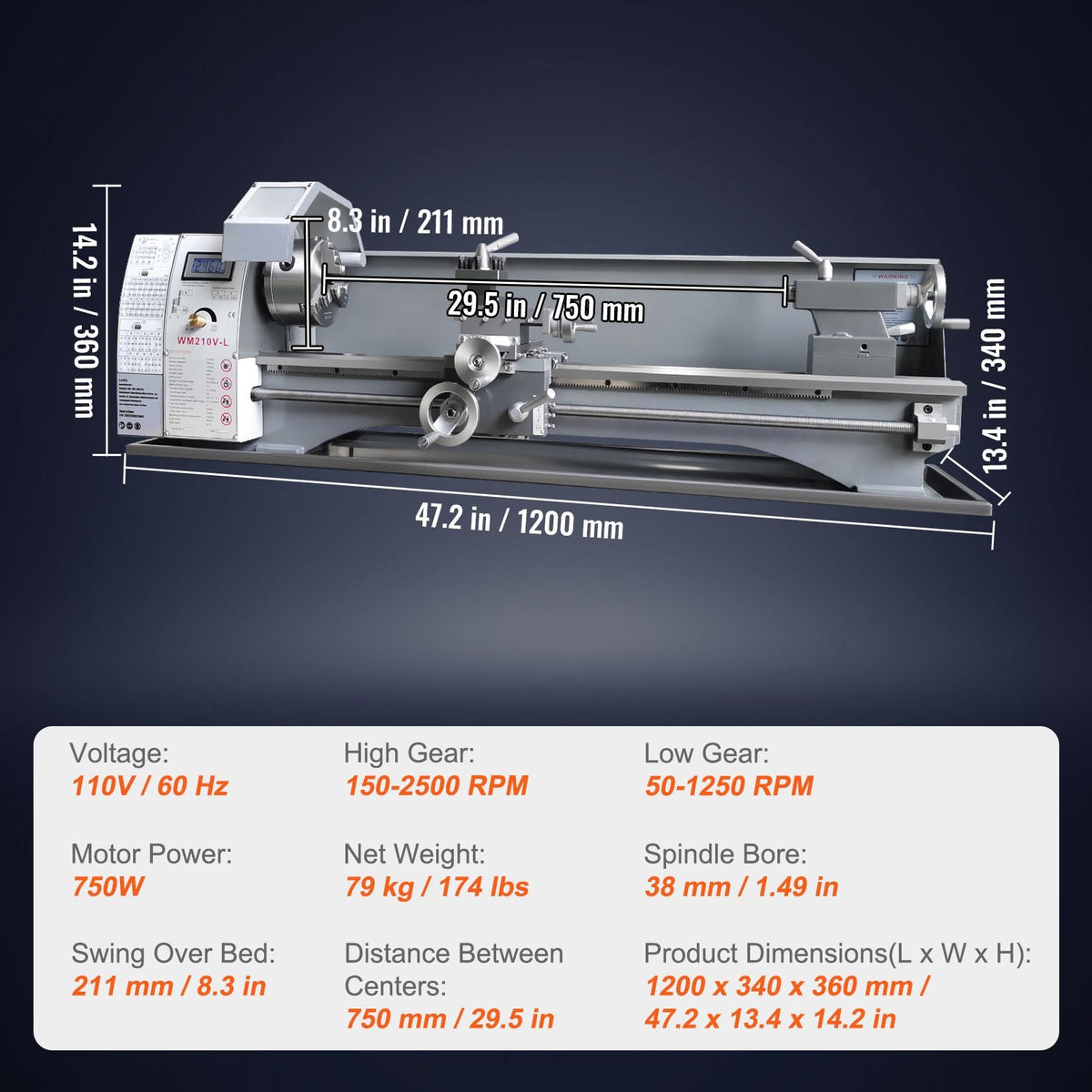 Metal Lathe Machine, 211 mm x 750 mm, Precision Benchtop Power Metal Lathe, 0-2500 RPM Continuously Variable Speed, 750W Brushless Motor Metal Gears, with Tool Box for Processing Precision Parts