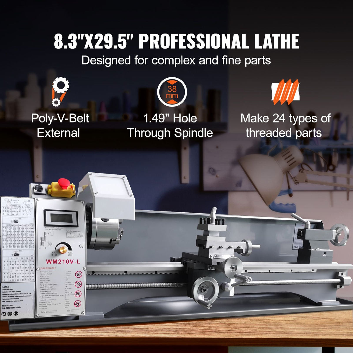 Metal Lathe Machine, 211 mm x 750 mm, Precision Benchtop Power Metal Lathe, 0-2500 RPM Continuously Variable Speed, 750W Brushless Motor Metal Gears, with Tool Box for Processing Precision Parts