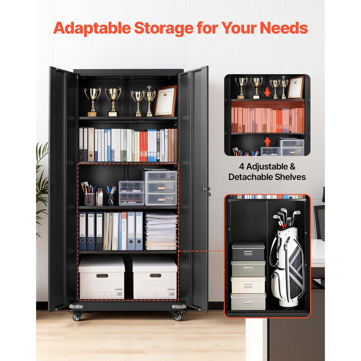 Metal Storage Cabinet, 72.6 in Rolling Steel Garage Cabinet with 4 Adjustable Shelves, 2 Magnetic Doors & 2 Keys, 5 Tiers Lockable Tool Storage for Pantry, Warehouse, Basement, Office, Black
