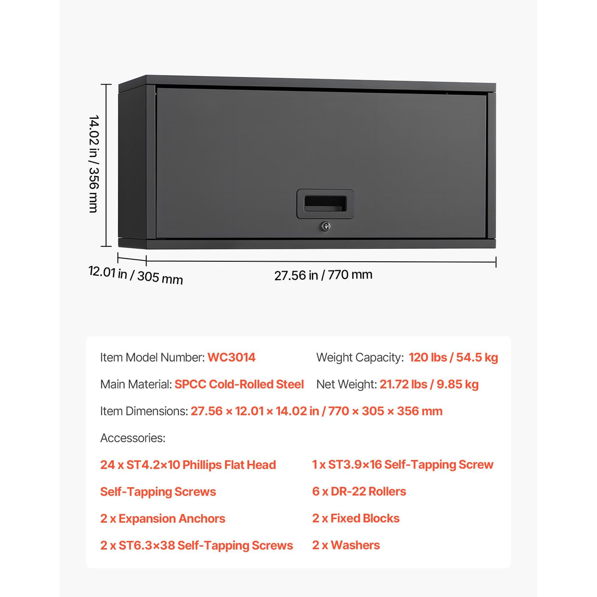 Metal Wall Cabinet, 27.56W x 12.01D x 14.02H Inch, Floating Garage Tool Cabinet with Up-Flip Door, 120 lbs Load per Shelf, Fit for Garage, Basement, Kitchen, Warehouse, Assembly Required