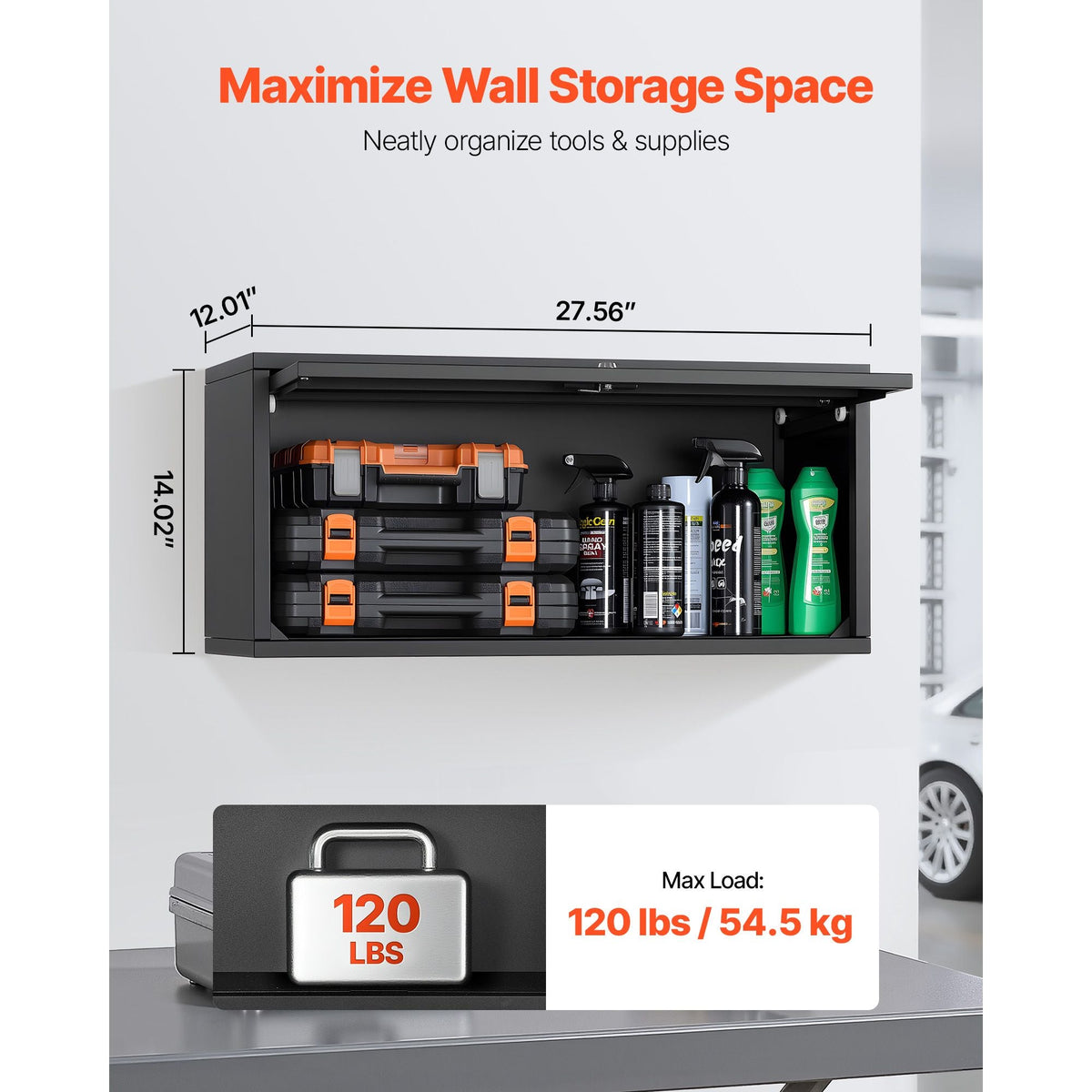 Metal Wall Cabinet, 27.56W x 12.01D x 14.02H Inch, Floating Garage Tool Cabinet with Up-Flip Door, 120 lbs Load per Shelf, Fit for Garage, Basement, Kitchen, Warehouse, Assembly Required