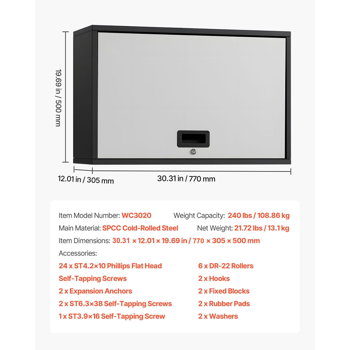 Metal Wall Cabinet, 27.56W x 12.01D x 19.69H Inch, Floating Garage Tool Cabinet with Up-Flip Door and Shelf, 240 lbs Load Capacity, Fit for Garage, Basement, Kitchen, Warehouse Assembly Required