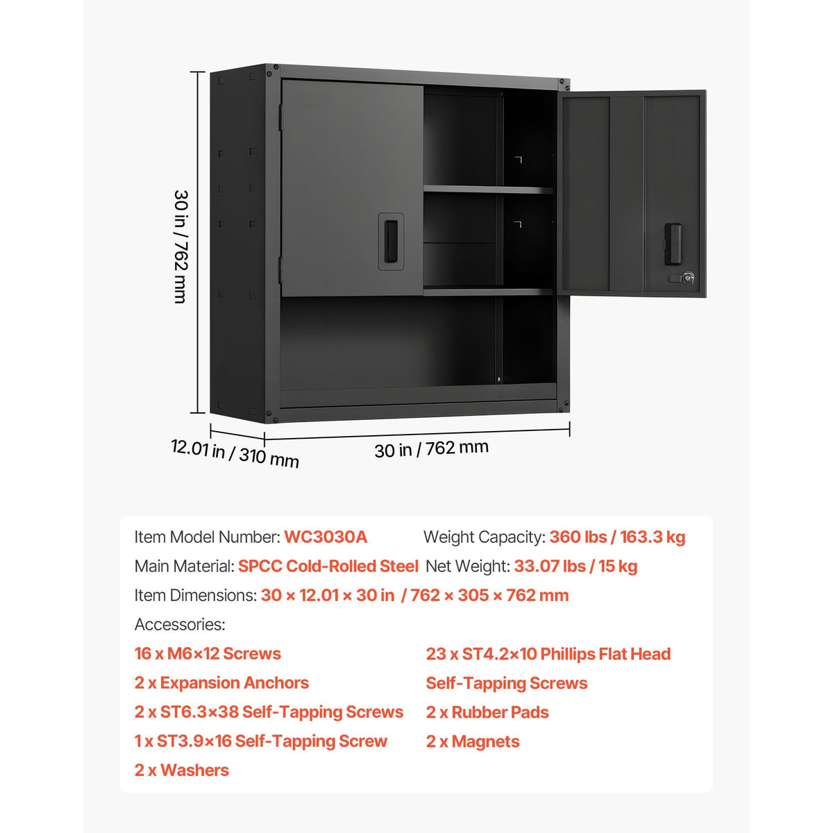 Metal Wall Cabinet, 30W x 12.01D x 30H Inch, Steel Floating Hanging Storage Cabinet with Locking Doors and Adjustable Shelf for Garage, Basement, Kitchen, Warehouse Assembly Required, Black
