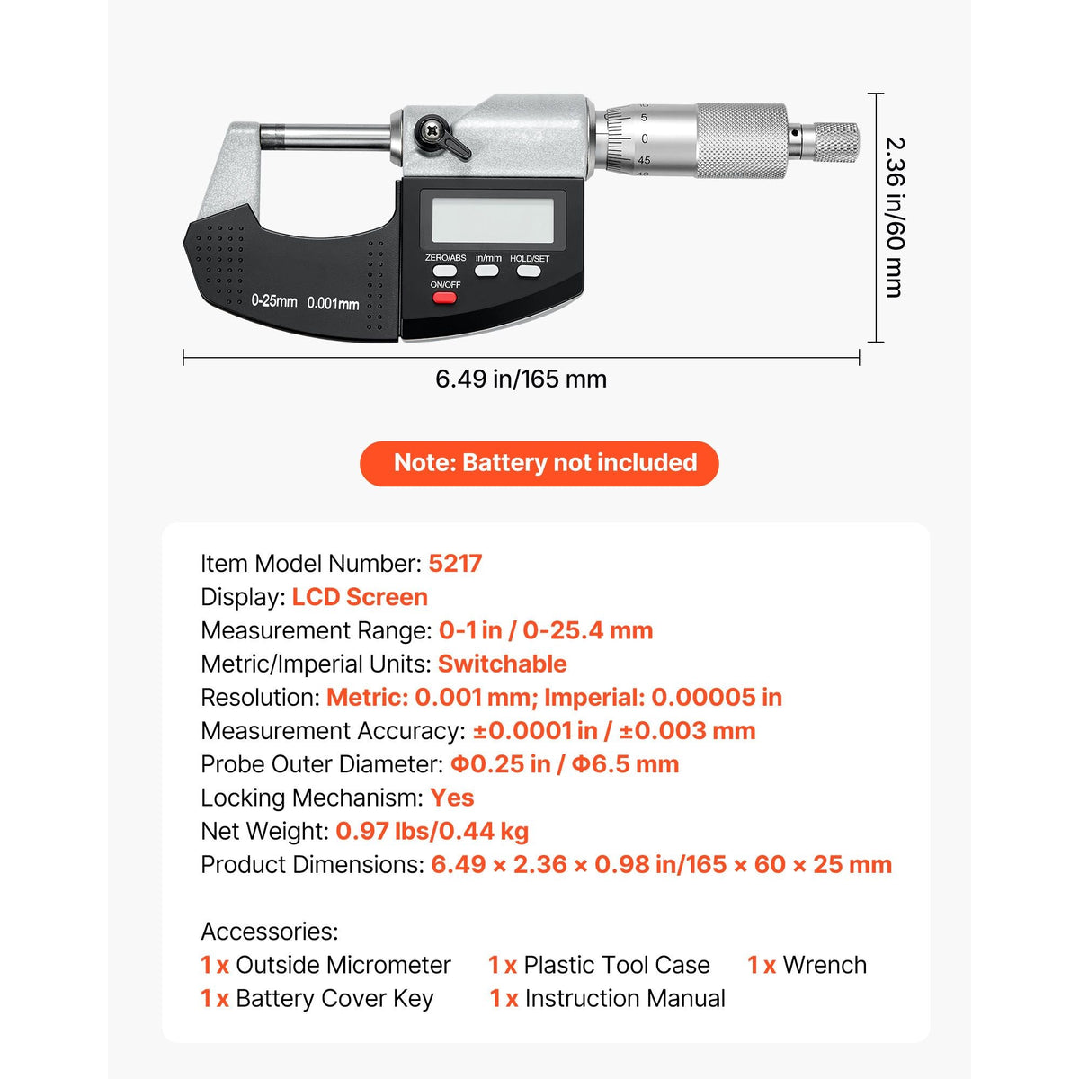 Micrometer Set, Digital Outside Micrometer 0-1 inch Measuring Range, 0.00005" Resolution, Ultra-Precision 0.0001 Accuracy, LCD Screen, in/mm Switch, Carbide Tip, with Protective Case