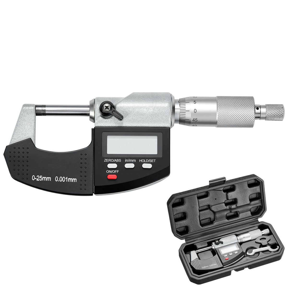 Micrometer Set, Digital Outside Micrometer 0-1 inch Measuring Range, 0.00005" Resolution, Ultra-Precision 0.0001 Accuracy, LCD Screen, in/mm Switch, Carbide Tip, with Protective Case