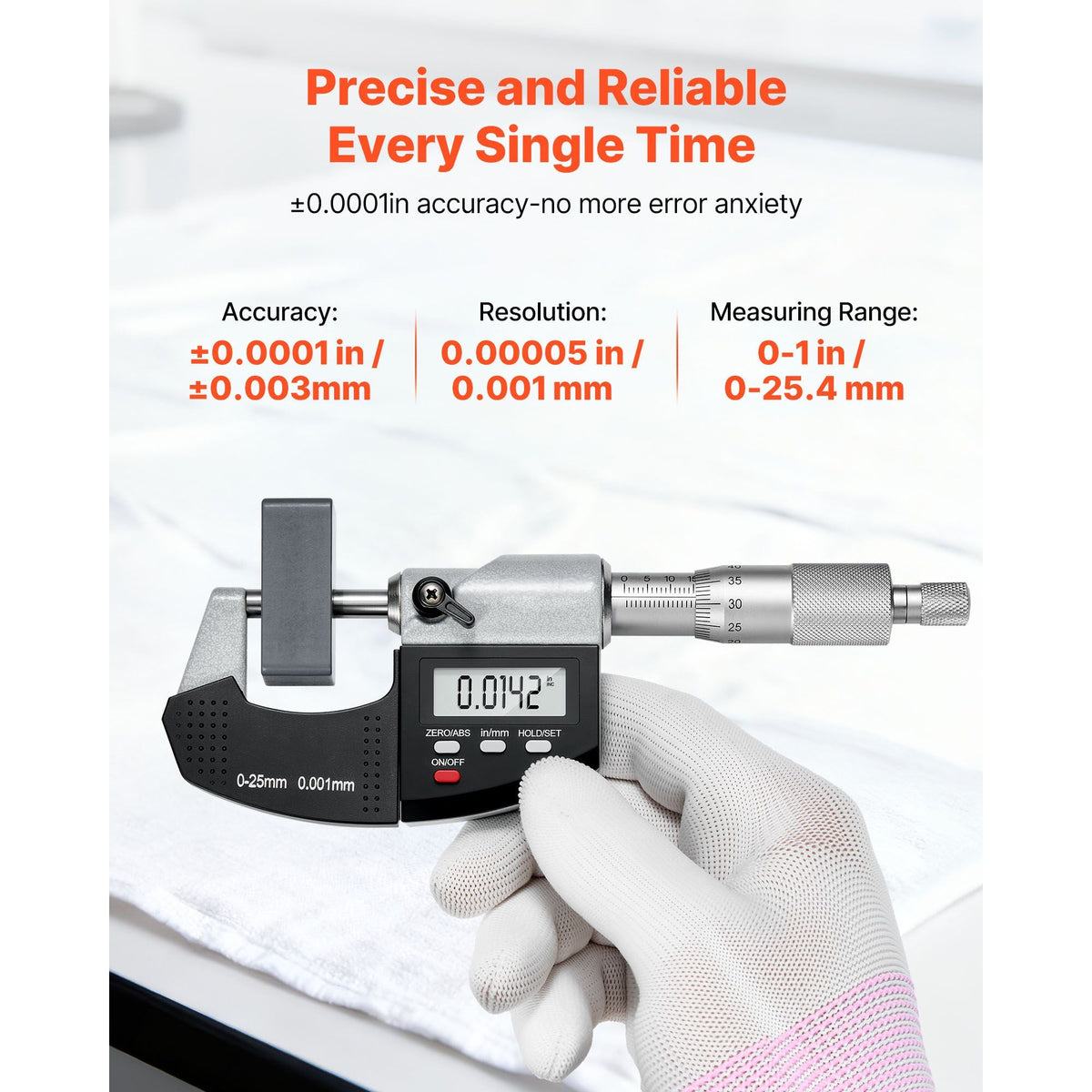 Micrometer Set, Digital Outside Micrometer 0-1 inch Measuring Range, 0.00005" Resolution, Ultra-Precision 0.0001 Accuracy, LCD Screen, in/mm Switch, Carbide Tip, with Protective Case