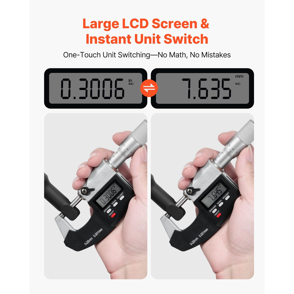 Micrometer Set, Digital Outside Micrometer 0-1 inch Measuring Range, 0.00005" Resolution, Ultra-Precision 0.0001 Accuracy, LCD Screen, in/mm Switch, Carbide Tip, with Protective Case