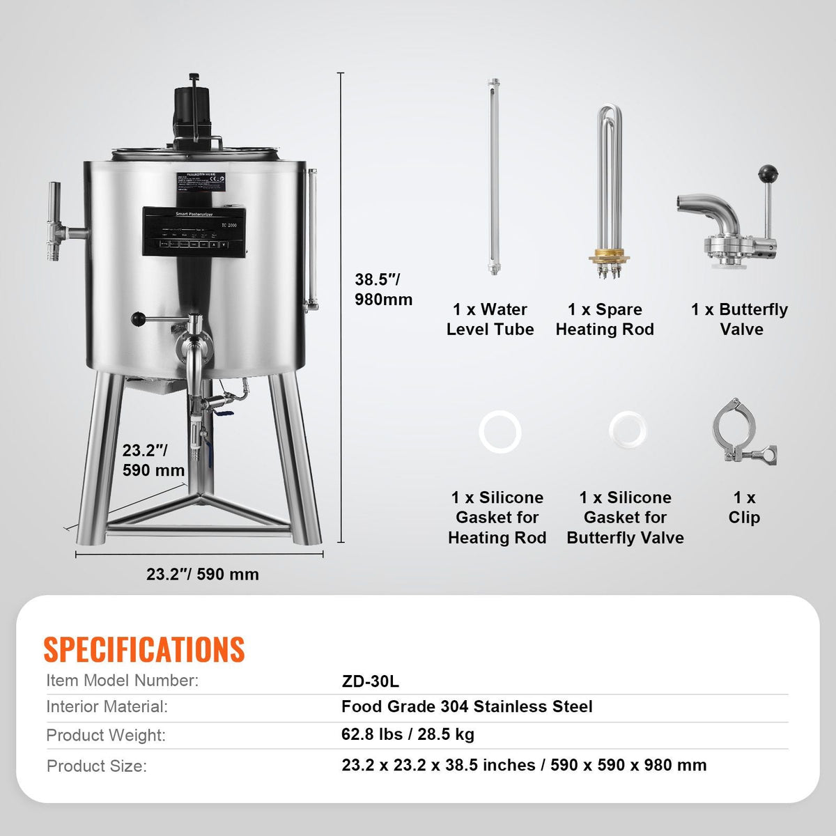 Milk Pasteurizer 30L, Commercial Milk Pasteurization Machine, Food Grade 304 Stainless Steel, Professional Pasteurization with Time and Temperature Control, for Milk Juice Yogurt Sterilization
