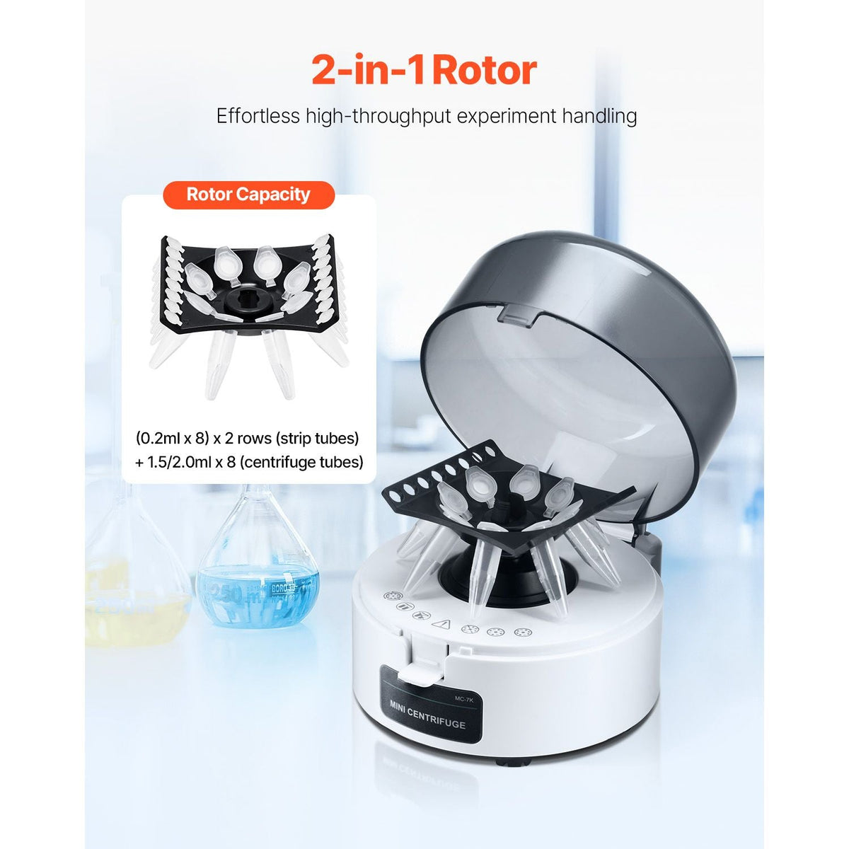 Mini Centrifuge Machine, 3013xg RCF Electric Laboratory Centrifuge Machine with 2-in-1 Rotor for 0.2/1.5/2ml Tube Capacity, Fixed Speed 7000r/min, Low Noise, Widely Used in Various Experiments