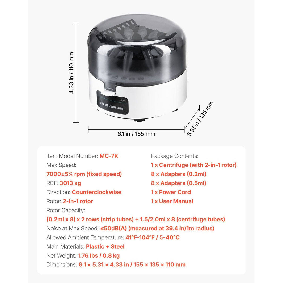 Mini Centrifuge Machine, 3013xg RCF Electric Laboratory Centrifuge Machine with 2-in-1 Rotor for 0.2/1.5/2ml Tube Capacity, Fixed Speed 7000r/min, Low Noise, Widely Used in Various Experiments