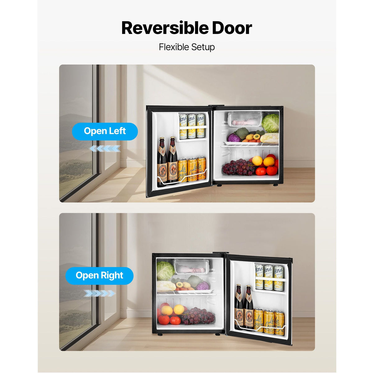 Mini Fridge, 1.6 Cu.Ft, Single Door Compact Refrigerator, Adjustable Temperature, Metal Shelf, Energy Efficient Small Refrigerator, Reversible Door, Low Noise, for Bedroom, Office, Stainless