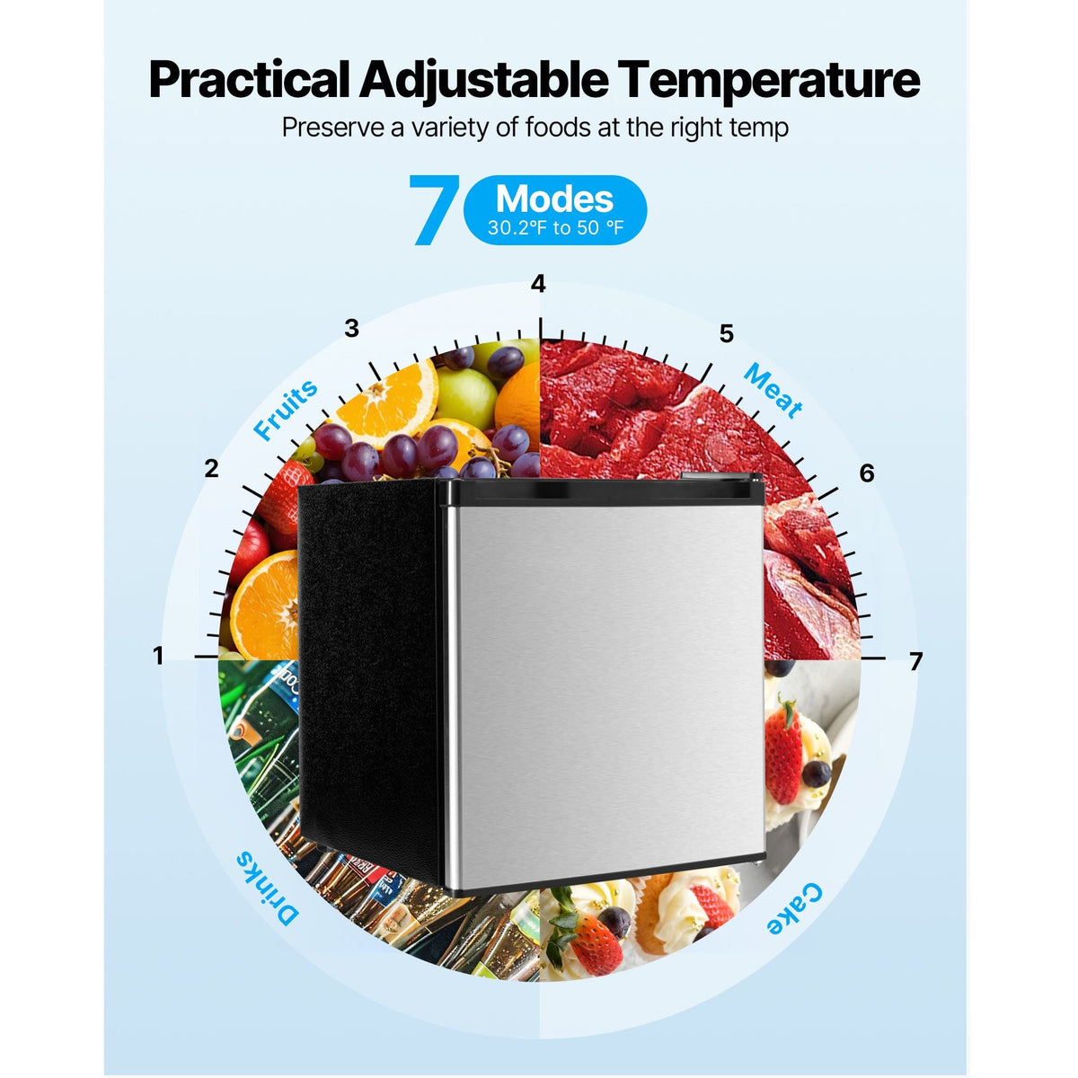 Mini Fridge, 1.6 Cu.Ft, Single Door Compact Refrigerator, Adjustable Temperature, Metal Shelf, Energy Efficient Small Refrigerator, Reversible Door, Low Noise, for Bedroom, Office, Stainless