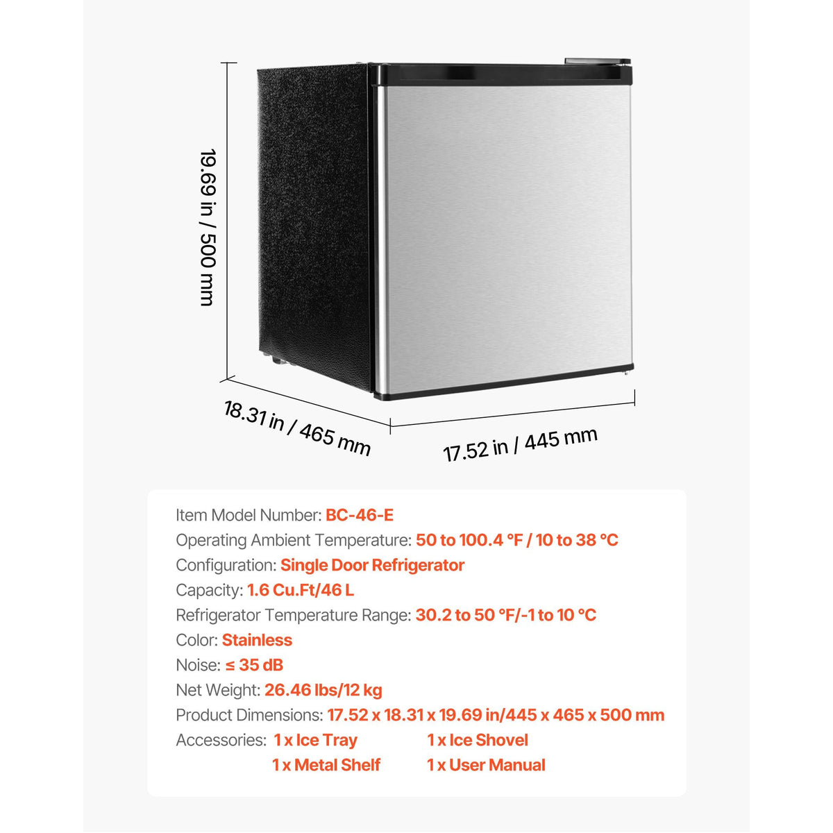 Mini Fridge, 1.6 Cu.Ft, Single Door Compact Refrigerator, Adjustable Temperature, Metal Shelf, Energy Efficient Small Refrigerator, Reversible Door, Low Noise, for Bedroom, Office, Stainless