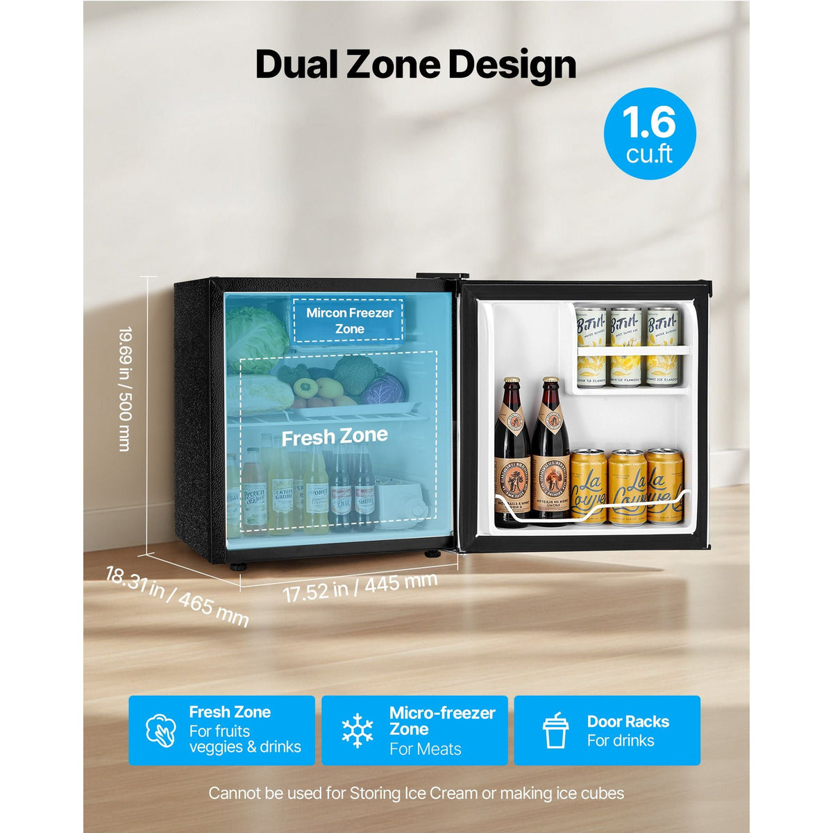 Mini Fridge, 1.6 Cu.Ft, Single Door Compact Refrigerator, Adjustable Temperature, Metal Shelf, Energy Efficient Small Refrigerator, Reversible Door, Low Noise, for Bedroom, Office, Stainless