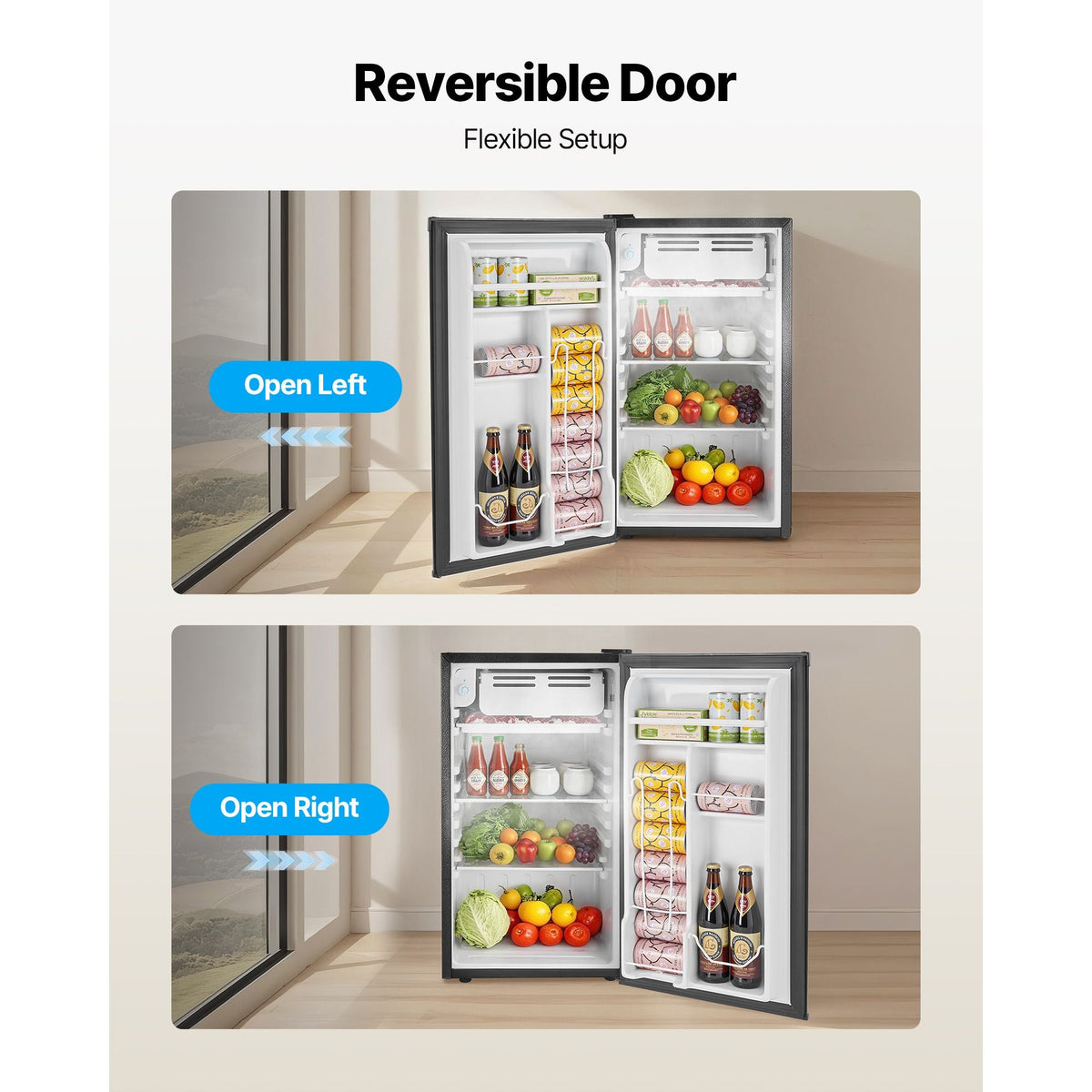 Mini Fridge, 3.2 Cu.Ft, Single Door Compact Refrigerator, Adjustable Temperature, Glass Shelf, Energy Efficient Small Refrigerator, Reversible Door, Low Noise, for Bedroom Dorm Office, Black