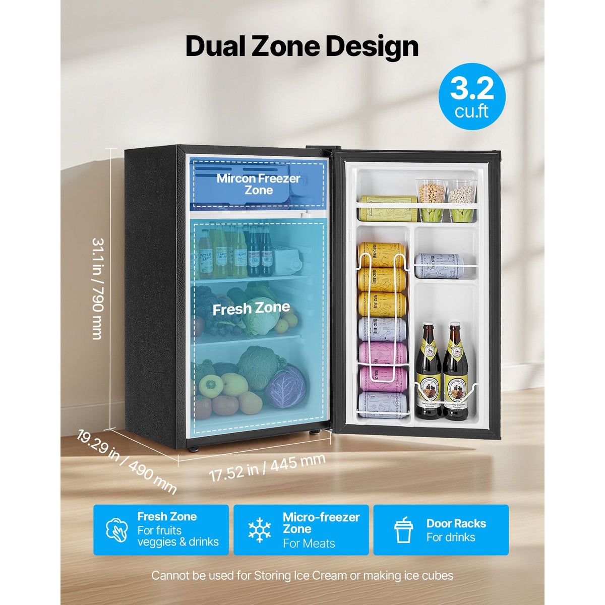 Mini Fridge, 3.2 Cu.Ft, Single Door Compact Refrigerator, Adjustable Temperature, Glass Shelf, Energy Efficient Small Refrigerator, Reversible Door, Low Noise, for Bedroom Dorm Office, Black