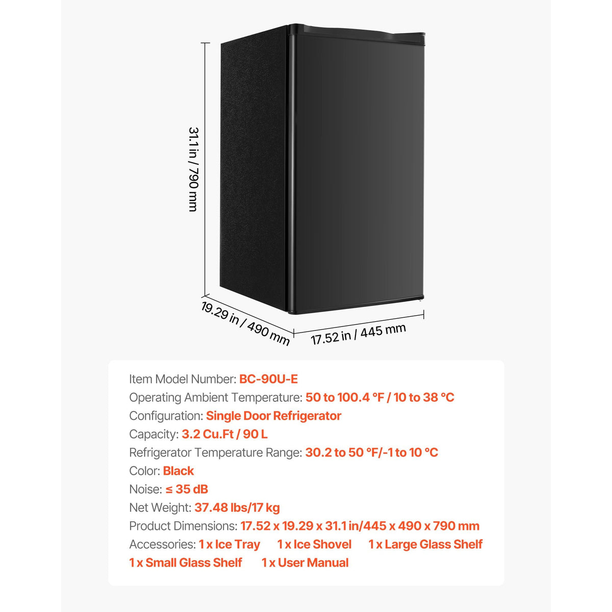 Mini Fridge, 3.2 Cu.Ft, Single Door Compact Refrigerator, Adjustable Temperature, Glass Shelf, Energy Efficient Small Refrigerator, Reversible Door, Low Noise, for Bedroom Dorm Office, Black
