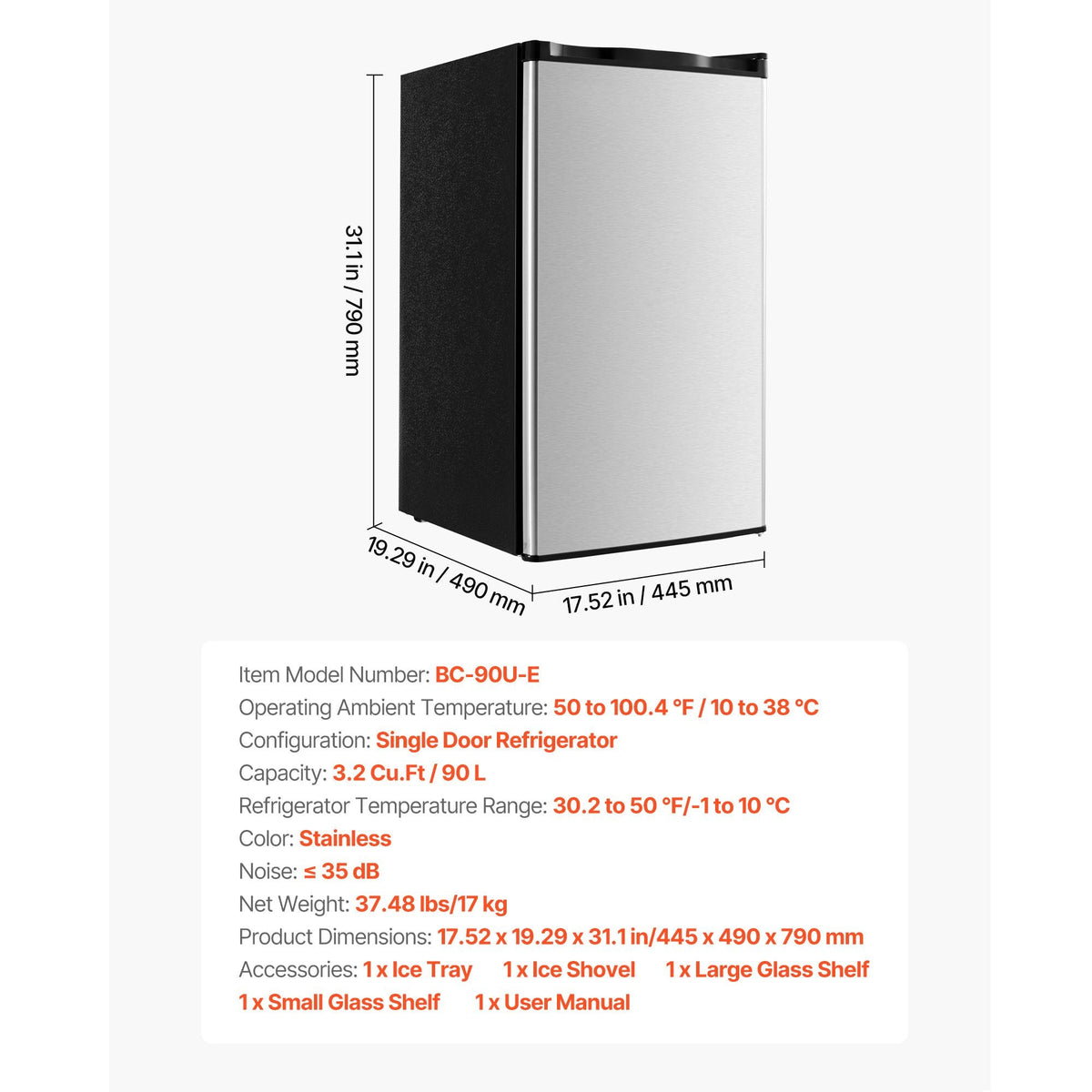 Mini Fridge, 3.2 Cu.Ft, Single Door Compact Refrigerator, Adjustable Temperature, Glass Shelf, Energy Efficient Small Refrigerator, Reversible Door, Low Noise, for Bedroom Dorm Office, Stainless
