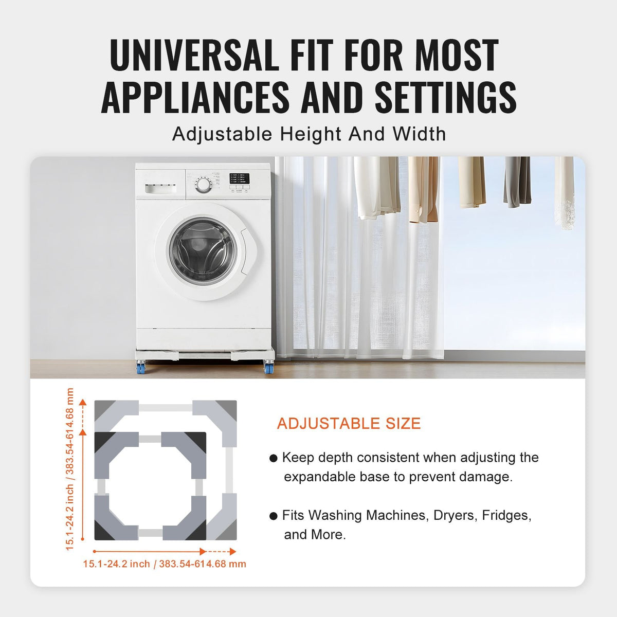 Mini Fridge Stand Universal Laundry Pedestal, Adjustable Refrigerator Stand with Smooth Casters, Washing Machine Pedestal Multi-Functional Base for Washer And Dryer, 15"-24.2"W Expandable