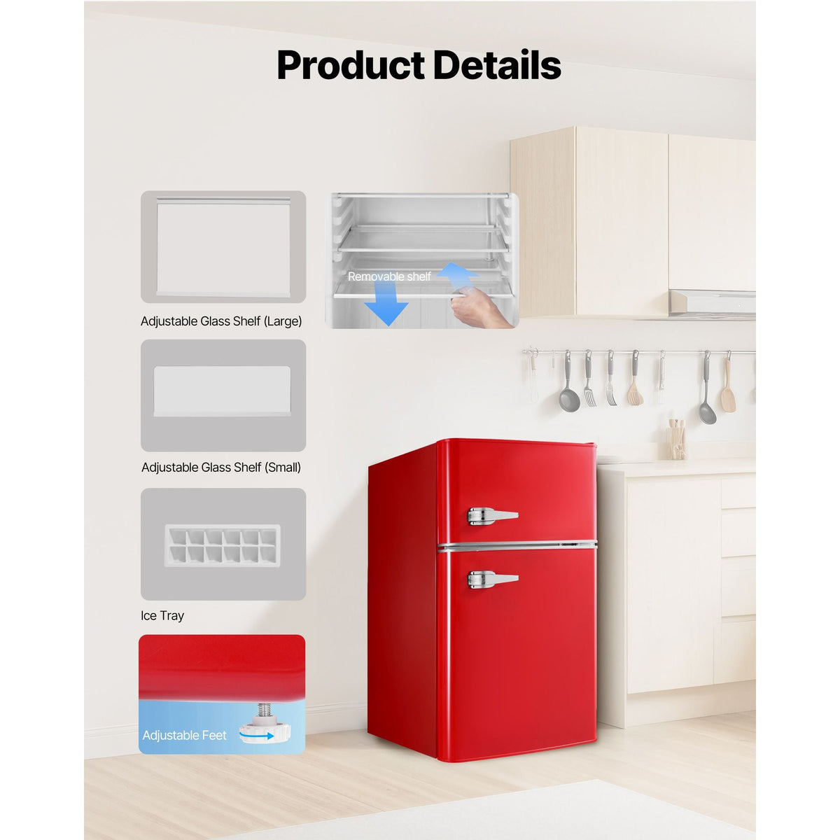 Mini Fridge with Freezer, 3.2 Cu.Ft, Two Door Compact Refrigerator with Adjustable Temperature, Glass Shelf, Energy Efficient Dorm Fridge, Low Noise Small Refrigerator, for Bedroom, Office, Red