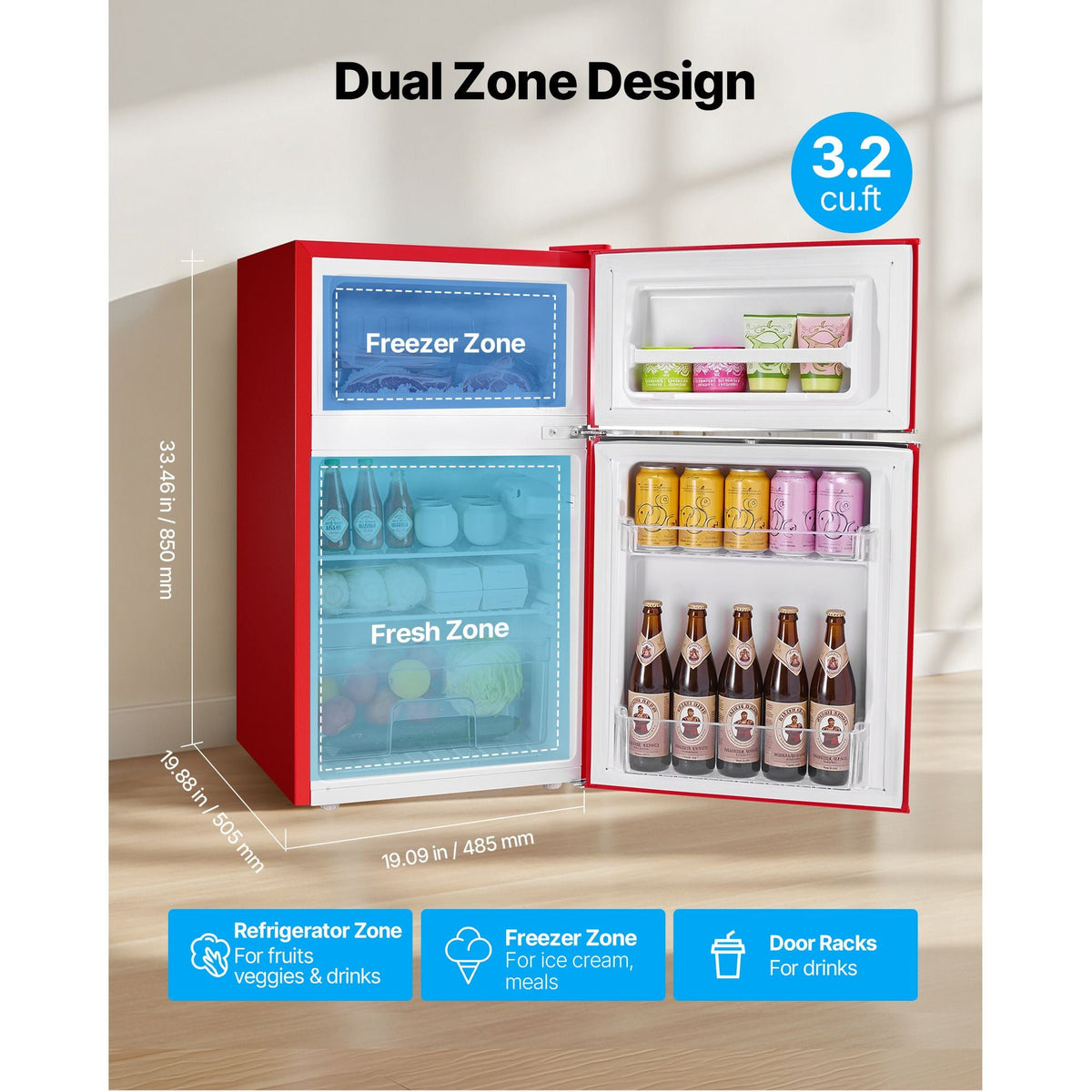 Mini Fridge with Freezer, 3.2 Cu.Ft, Two Door Compact Refrigerator with Adjustable Temperature, Glass Shelf, Energy Efficient Dorm Fridge, Low Noise Small Refrigerator, for Bedroom, Office, Red