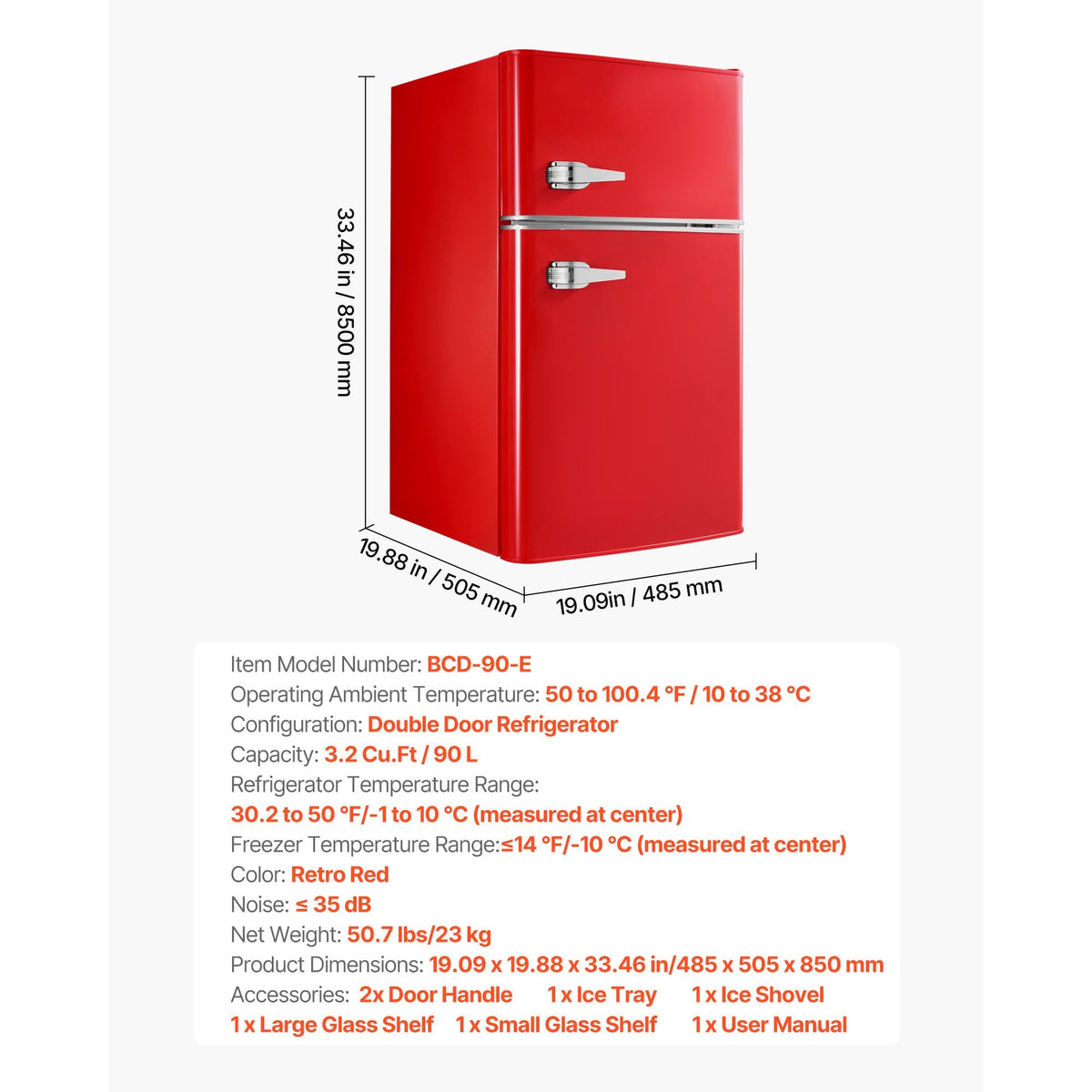 Mini Fridge with Freezer, 3.2 Cu.Ft, Two Door Compact Refrigerator with Adjustable Temperature, Glass Shelf, Energy Efficient Dorm Fridge, Low Noise Small Refrigerator, for Bedroom, Office, Red