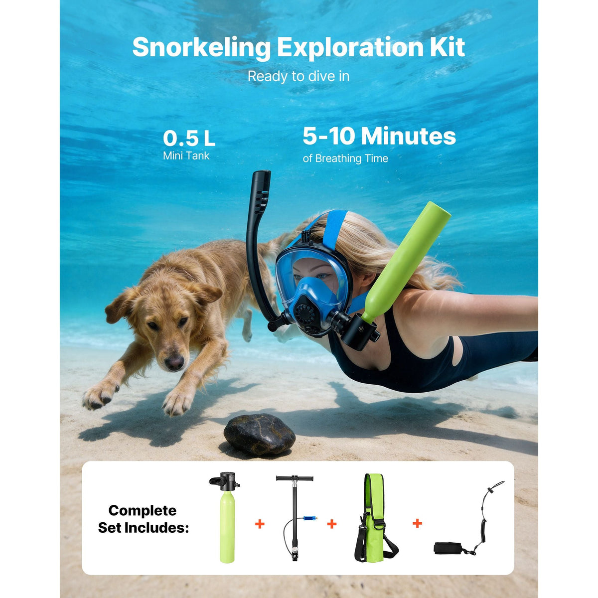 Mini Scuba Tank, 0.5L Portable Diving Tank for Underwater Breathing, Reusable Lung Diving Cylinder up to 10 Minutes Dive Time, Emergency Rescue Pony Bottle with Pump, Bag, Lanyard for Snorkeling