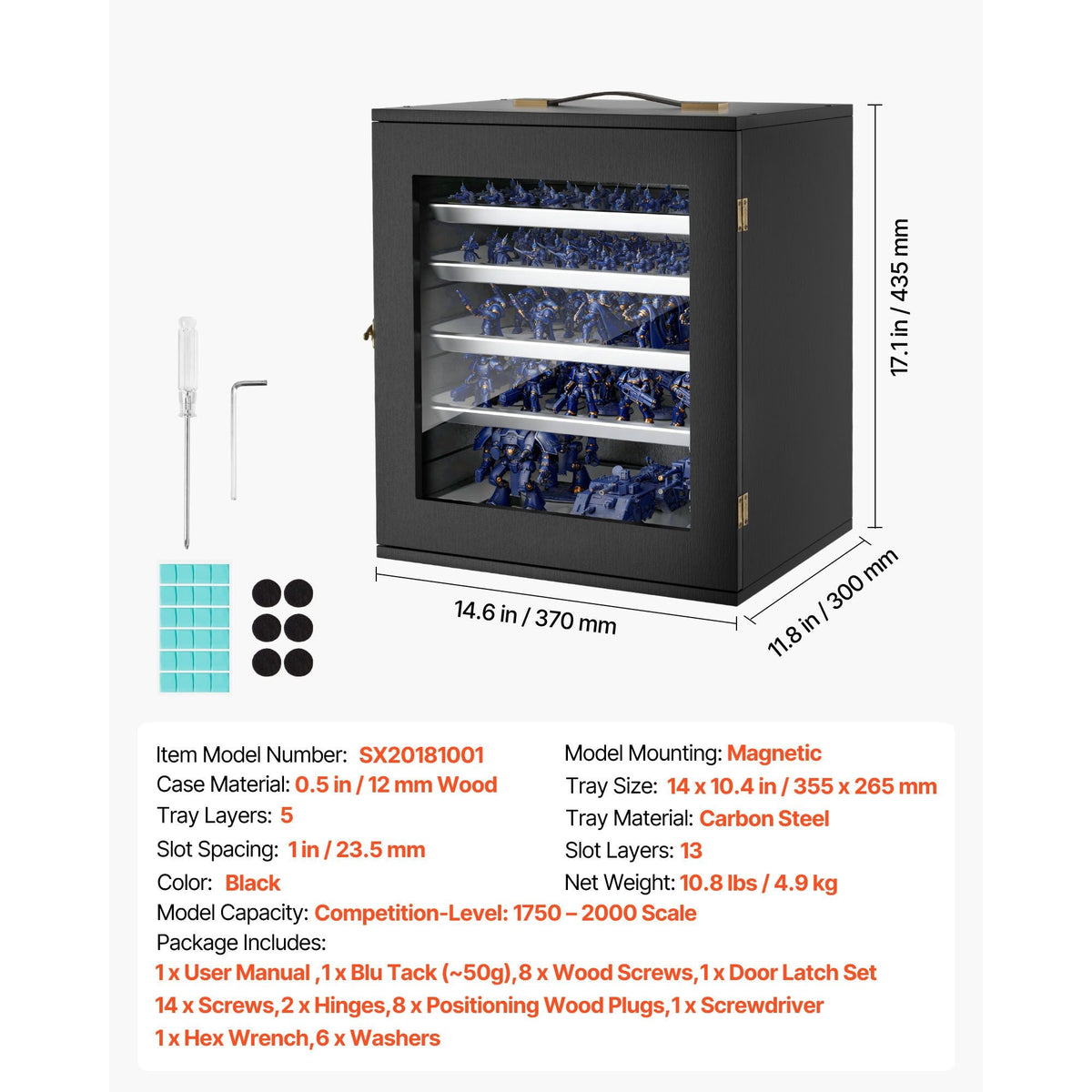 Miniatures Storage Case, Fits for 1:1750-1:2000 Scale Models, Wooden Miniatures Display Holder with 5 Tray & 13 Slots, Clear View Miniature Transport Case for Collectibles (Minis Not Included)