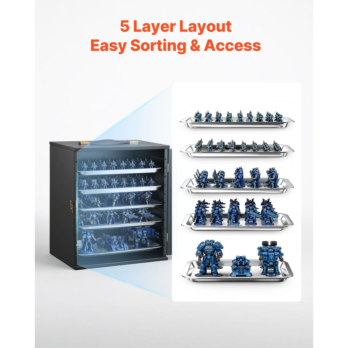 Miniatures Storage Case, Fits for 1:1750-1:2000 Scale Models, Wooden Miniatures Display Holder with 5 Tray & 13 Slots, Clear View Miniature Transport Case for Collectibles (Minis Not Included)