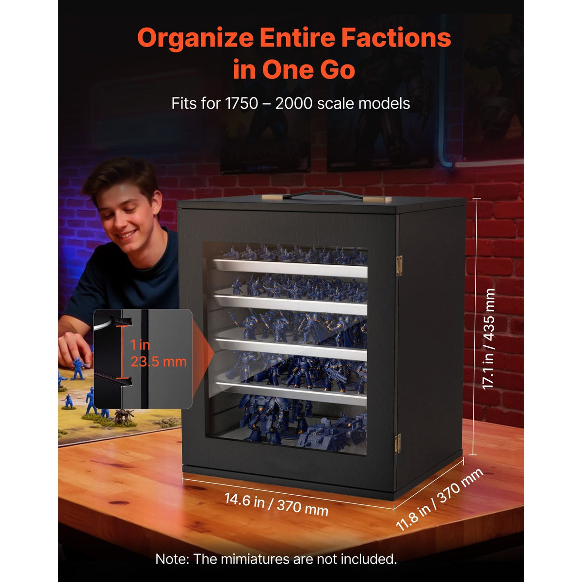 Miniatures Storage Case, Fits for 1:1750-1:2000 Scale Models, Wooden Miniatures Display Holder with 5 Tray & 13 Slots, Clear View Miniature Transport Case for Collectibles (Minis Not Included)